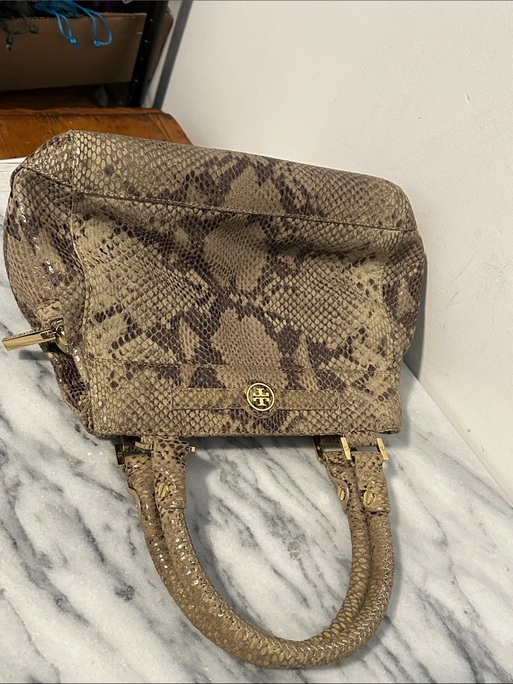 Tory Burch Python Embossed Leather Top Handle Satchel Bag